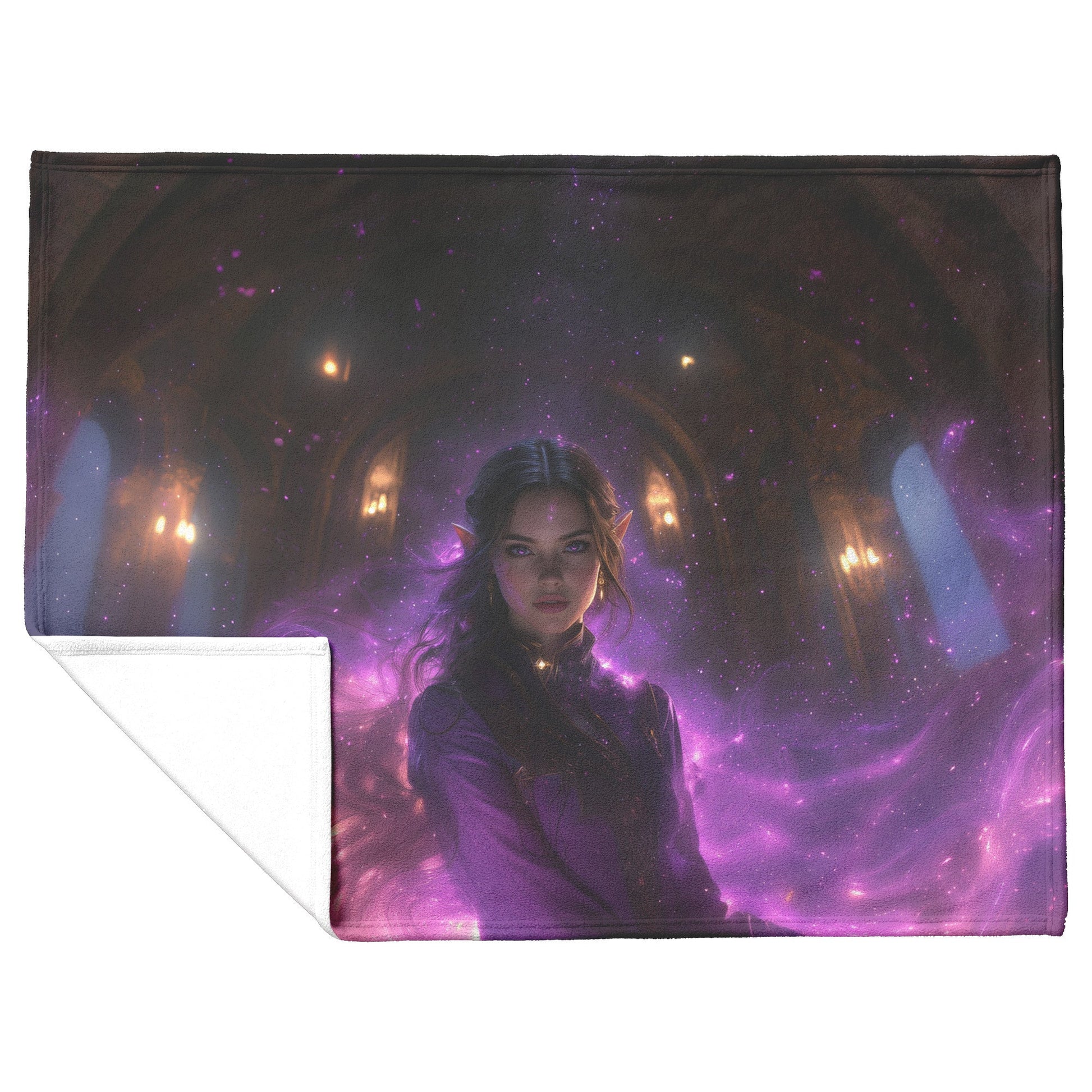 Night Elf Priest Fleece Sherpa Blanket Purple Gold Robes Shimmering Textures Radiant Stars Elegant Powerful Design - Awakening Righteousness