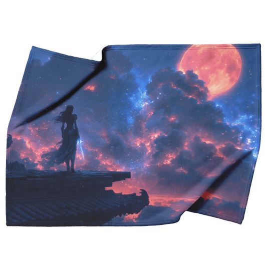 Night Elf Rogue Fleece Sherpa Blanket Rooftop Night Glowing Blades Cosmic Mist Shimmering Textures Stealthy Elegant WoW Design - Awakening Righteousness
