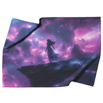 Night Elf Rogue Fleece Sherpa Blanket Rooftop Night Glowing Blades Cosmic Mist Stealthy Elegant WoW Design - Awakening Righteousness