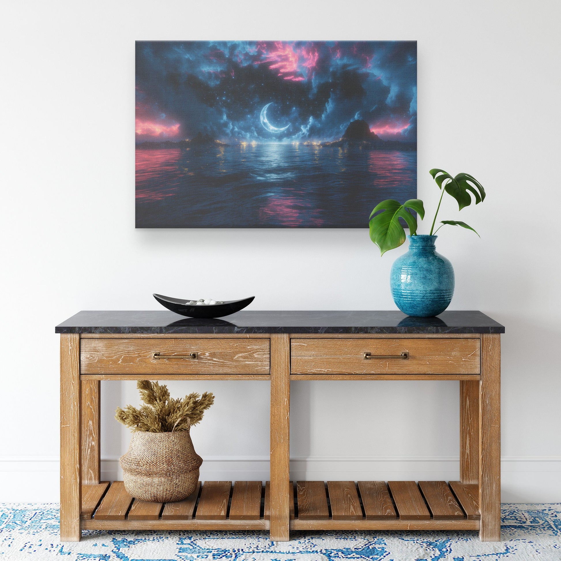 Night Ocean Scene Crescent Moon Silver Waves Stars Reflecting Deep Blue Surreal Glow Canvas Wall Art Decor - Awakening Righteousness