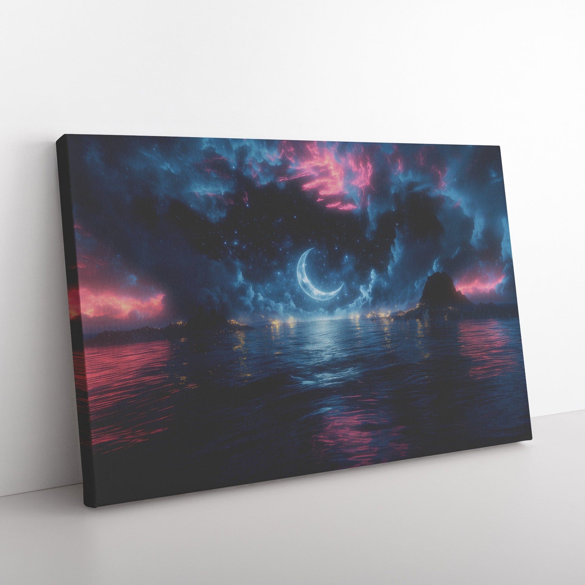 Night Ocean Scene Crescent Moon Silver Waves Stars Reflecting Deep Blue Surreal Glow Canvas Wall Art Decor - Awakening Righteousness