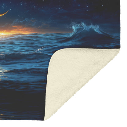 Night Ocean Scene Crescent Moon Stars Reflecting Silver Waves Deep Blue Hues Fleece Sherpa Blanket - Awakening Righteousness