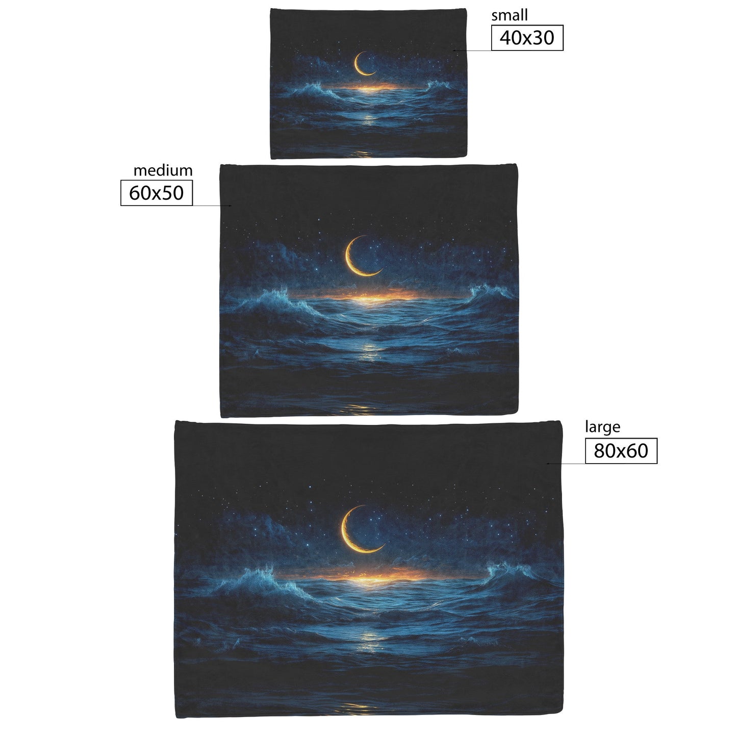 Night Ocean Scene Crescent Moon Stars Reflecting Silver Waves Deep Blue Hues Fleece Sherpa Blanket - Awakening Righteousness