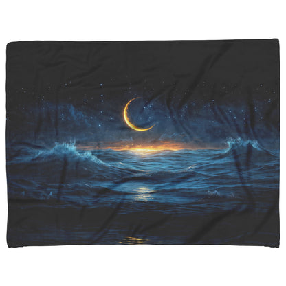 Night Ocean Scene Crescent Moon Stars Reflecting Silver Waves Deep Blue Hues Fleece Sherpa Blanket - Awakening Righteousness