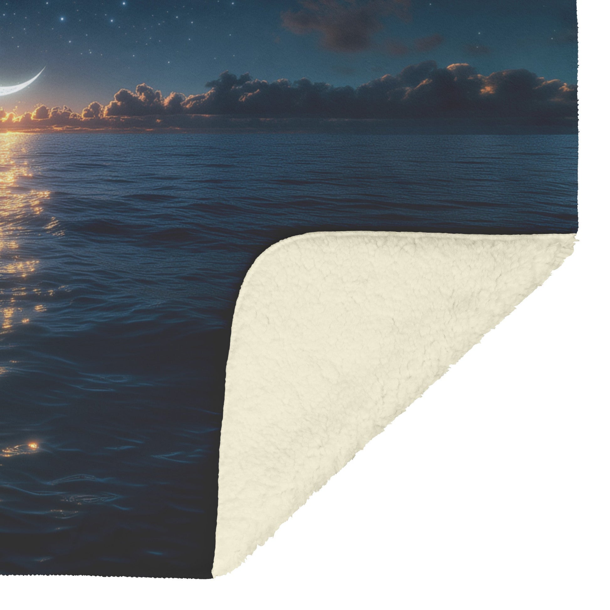 Night Ocean Scene Massive Crescent Moon Stars Reflecting Silver Waves Deep Blue Hues Fleece Sherpa Blanket - Awakening Righteousness