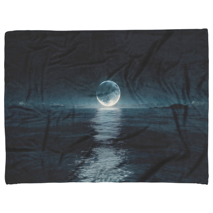 Night Ocean Scene with Massive Crescent Moon Stars Reflecting on Water and Glowing Silver Waves Sherpa Blanket - Awakening Righteousness