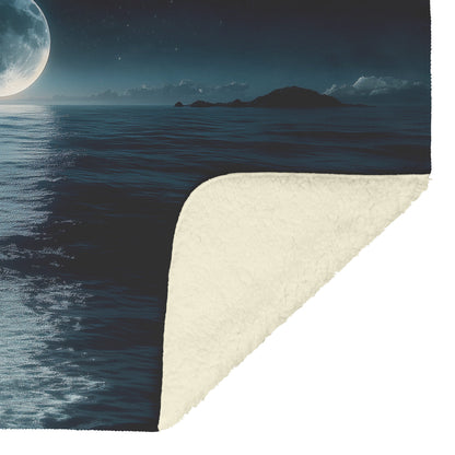 Night Ocean Scene with Massive Crescent Moon Stars Reflecting on Water and Glowing Silver Waves Sherpa Blanket - Awakening Righteousness