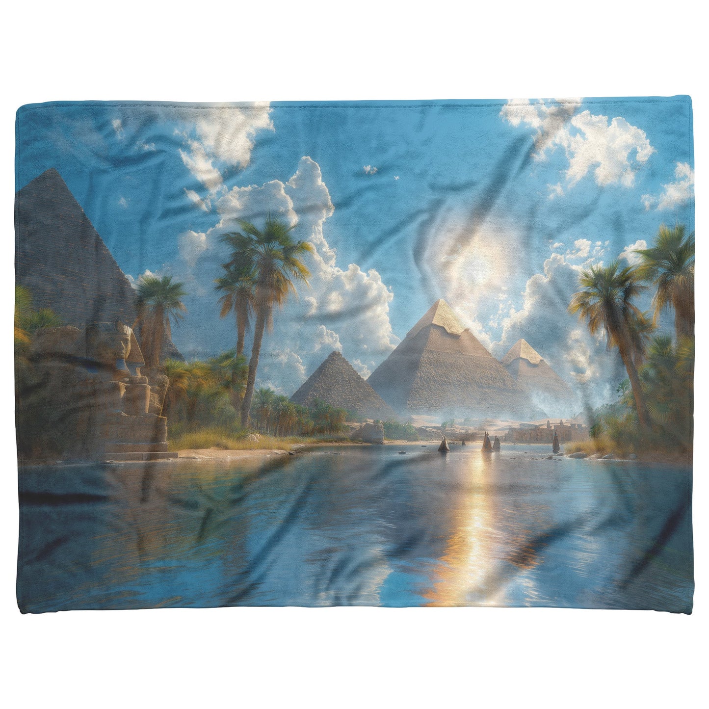Nile River with Pyramids and Palm Trees Cozy Fleece Sherpa Blanket - Awakening Righteousness