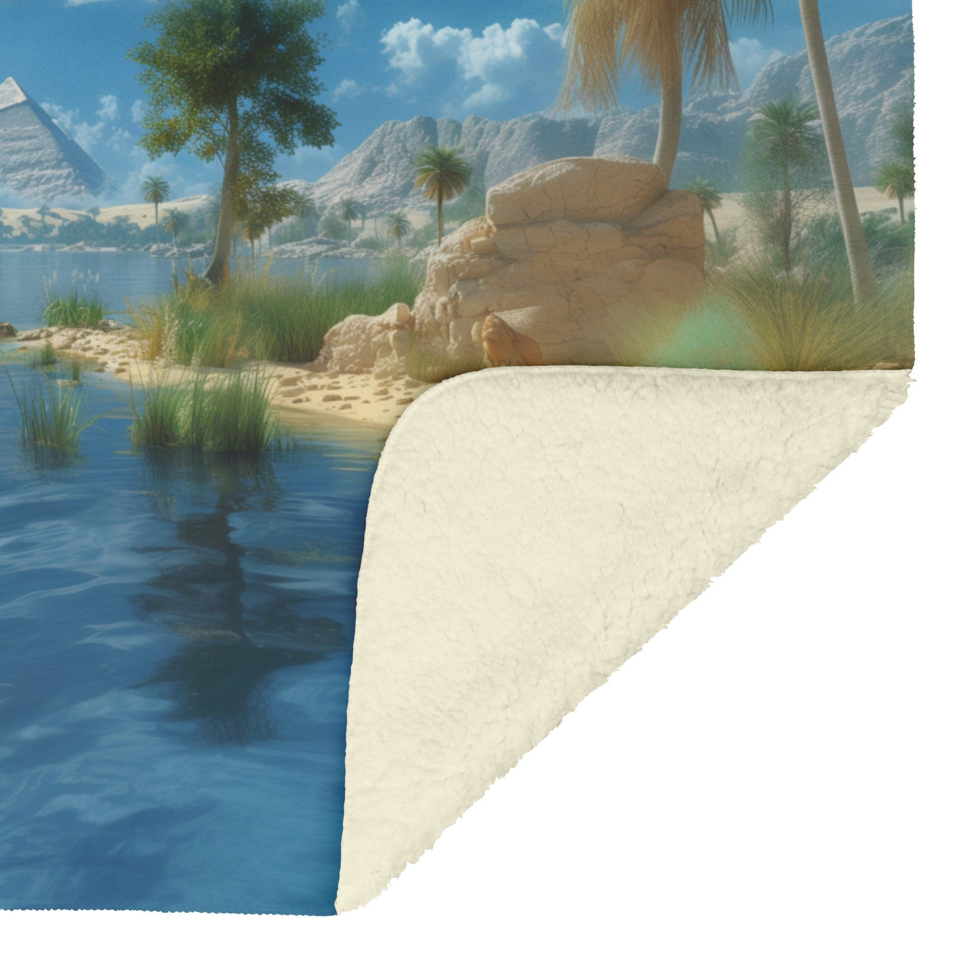 Oasis Pyramid Reflection Fleece Sherpa Blanket Soft Tranquil Nature Inspired Desert Design - Awakening Righteousness