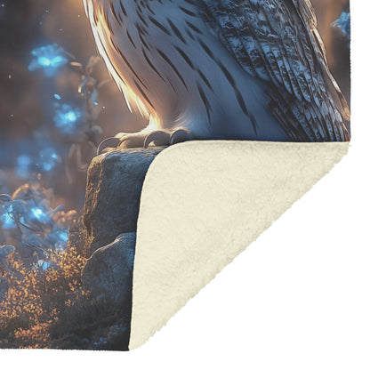 Owl on Stone Altar in Bioluminescent Forest Glowing Plants Blue Fireflies Mysterious Magical Fleece Blanket - Awakening Righteousness