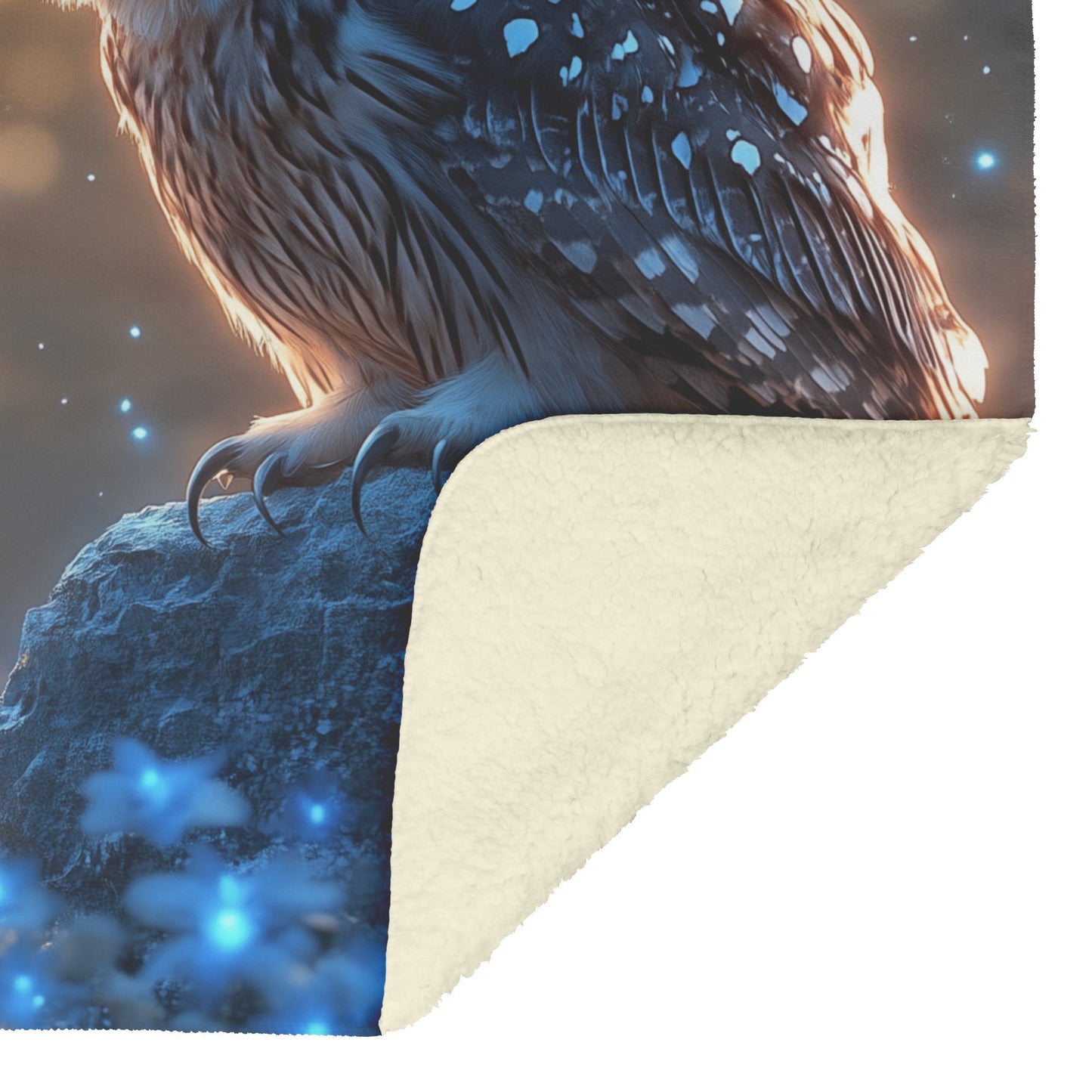 Owl on Stone Altar in Bioluminescent Forest Glowing Plants Blue Fireflies Mysterious Magical Fleece Blanket - Awakening Righteousness