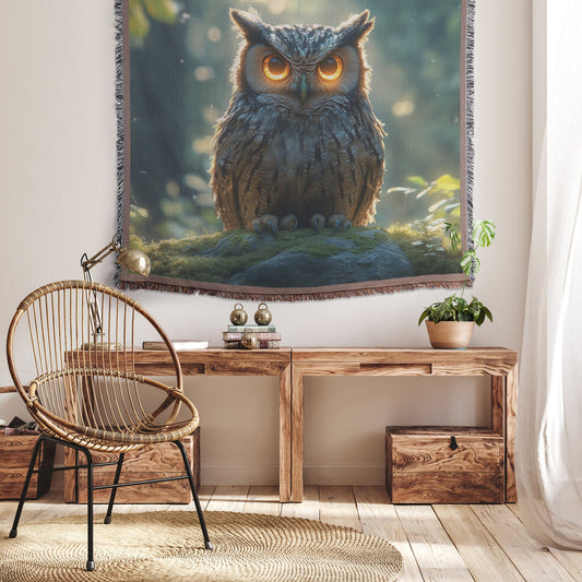 Owl with Glowing Feathers on Moss Covered Stone Under Morning Mist Peaceful Woodland Woven Throw Blanket - Awakening Righteousness
