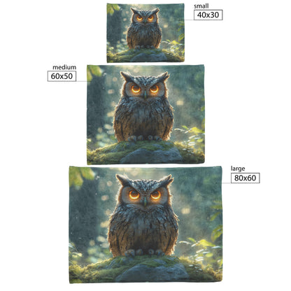 Owl with Glowing Feathers on Mossy Stone Fleece Sherpa Blanket Morning Mist Peaceful Woodland Scenery - Awakening Righteousness