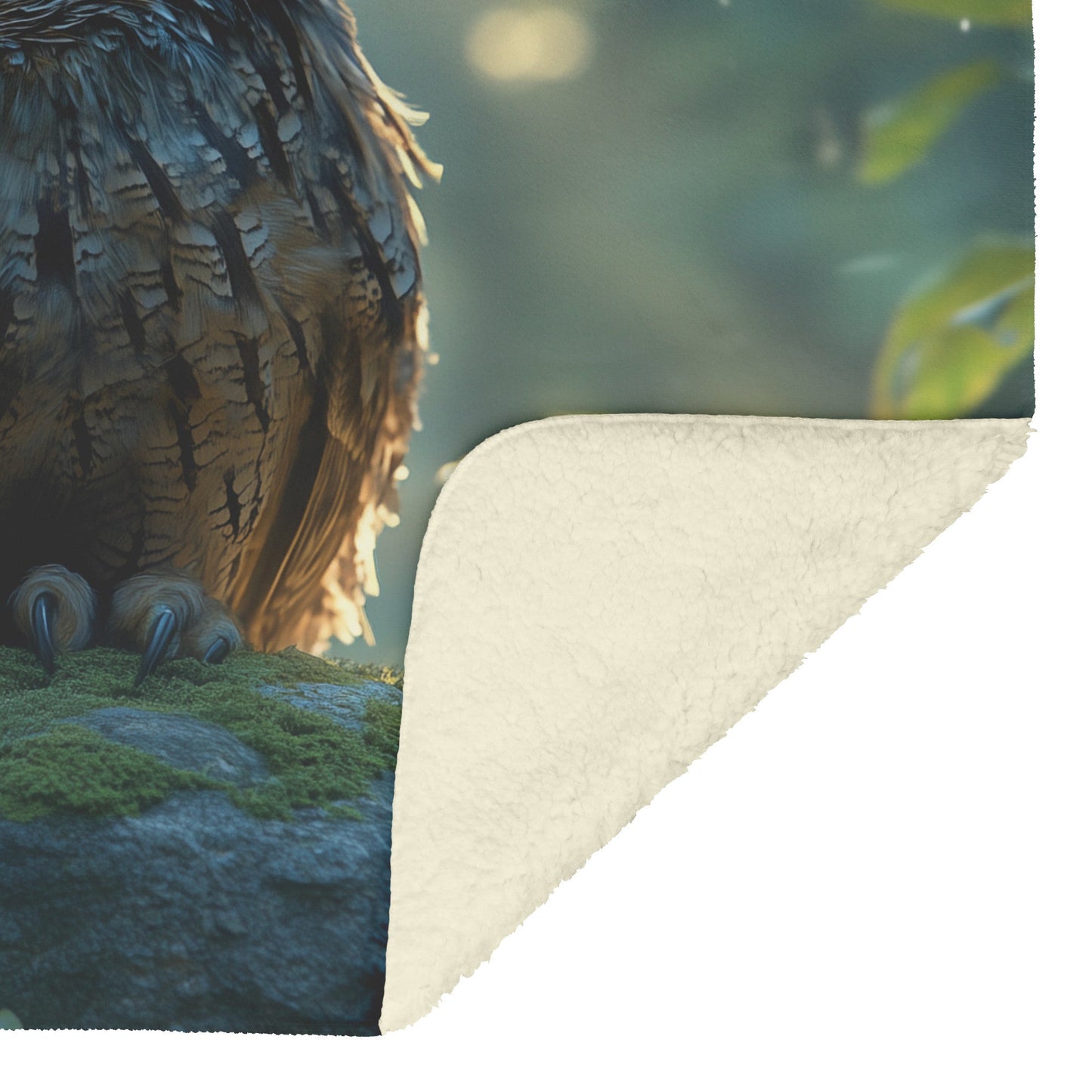 Owl with Glowing Feathers on Mossy Stone Fleece Sherpa Blanket Morning Mist Peaceful Woodland Scenery - Awakening Righteousness