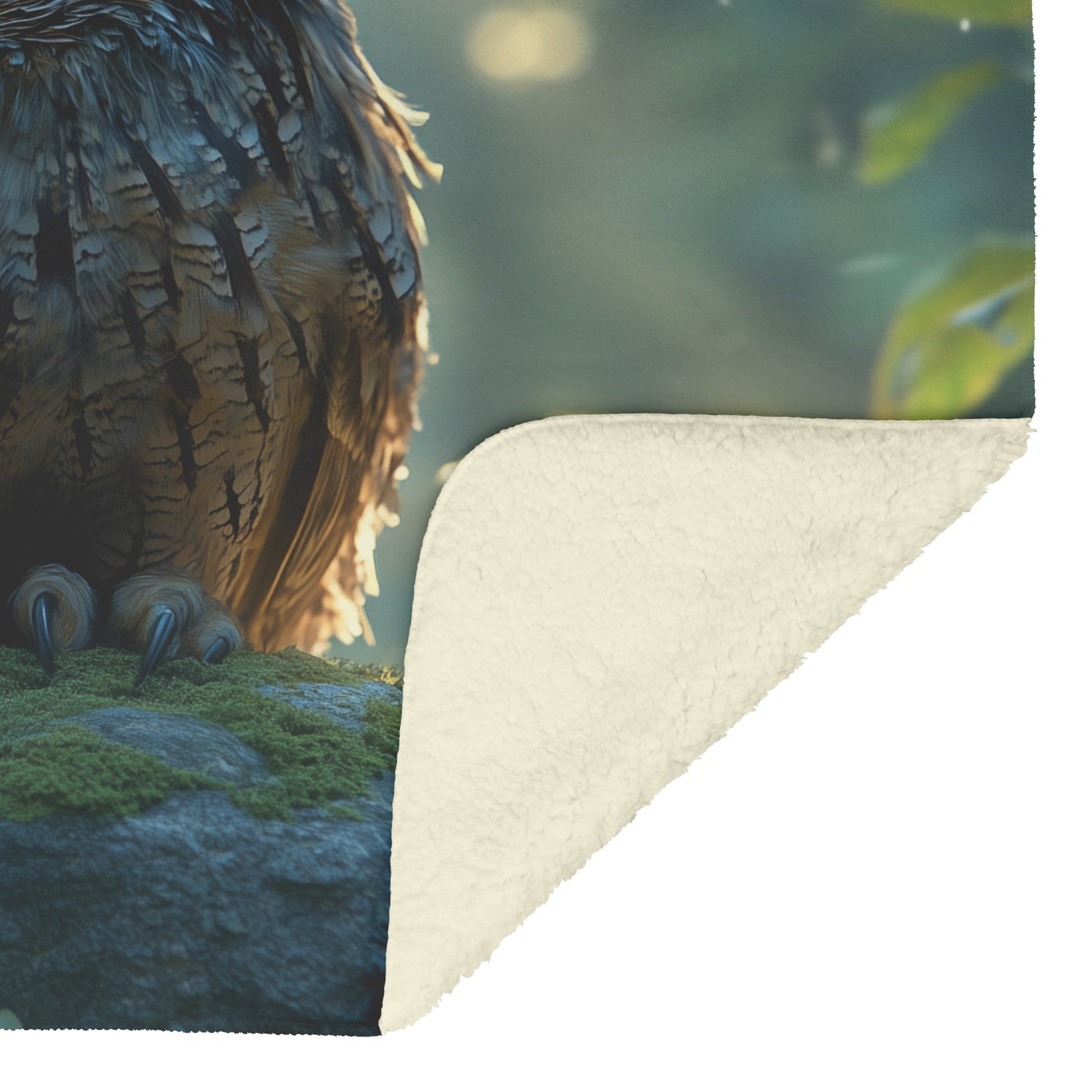 Owl with Glowing Feathers on Mossy Stone Fleece Sherpa Blanket Morning Mist Peaceful Woodland Scenery - Awakening Righteousness