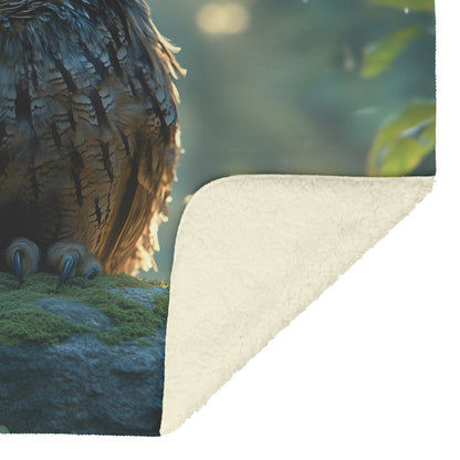 Owl with Glowing Feathers on Mossy Stone Fleece Sherpa Blanket Morning Mist Peaceful Woodland Scenery - Awakening Righteousness