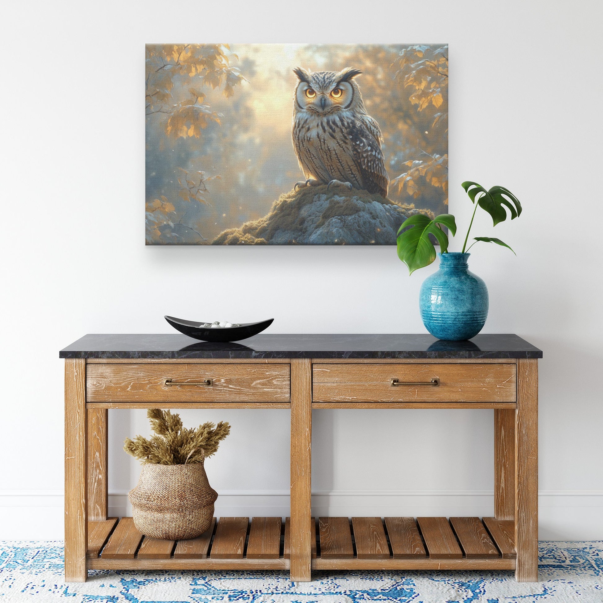 Owl with Intricate Glowing Feathers on Moss Covered Stone Under Morning Mist Peaceful Woodland Canvas Wall Art Decor - Awakening Righteousness