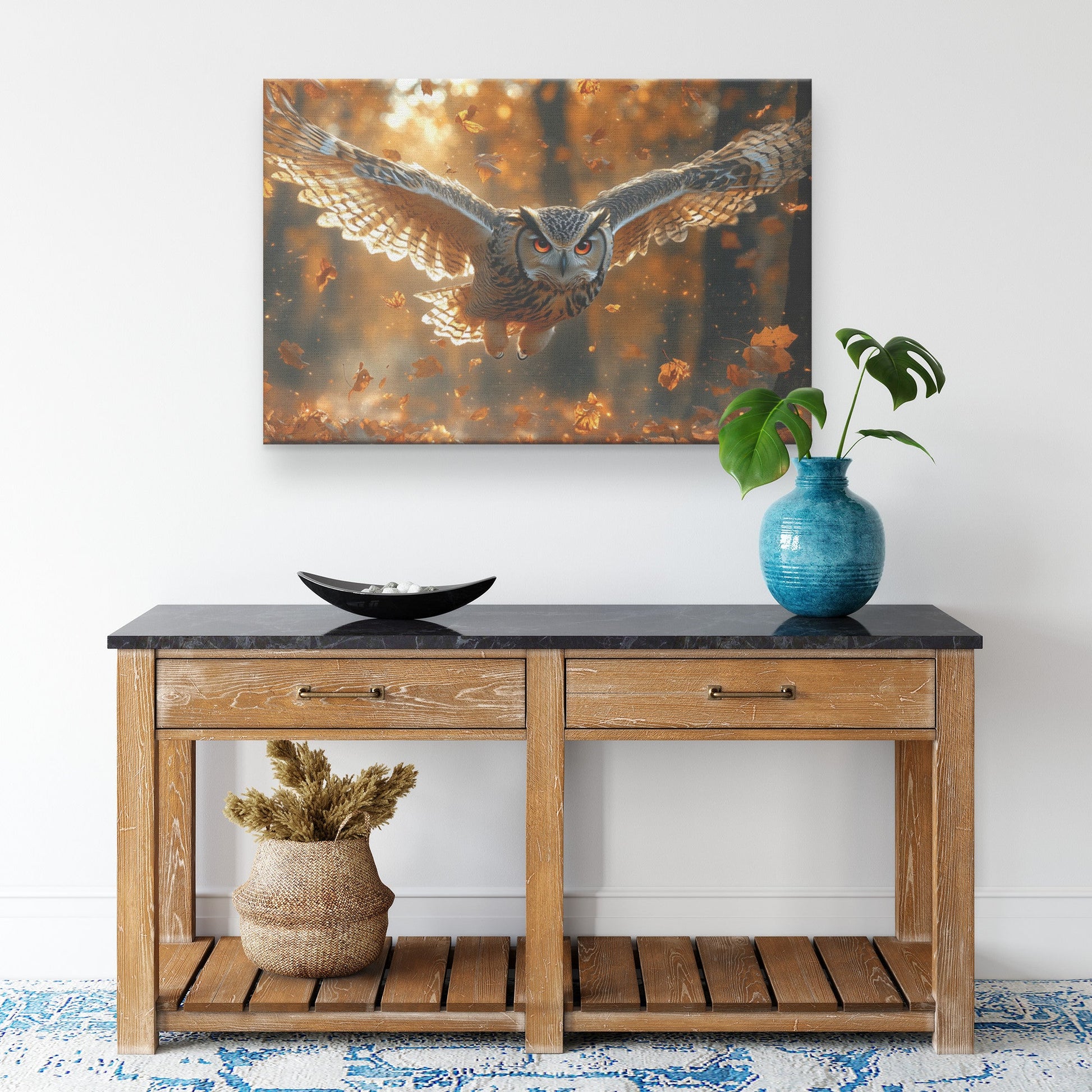 Owl with Luminous Golden Feathers Flying Through Glowing Autumn Forest Warm Sunlight Canvas Wall Art Decor - Awakening Righteousness