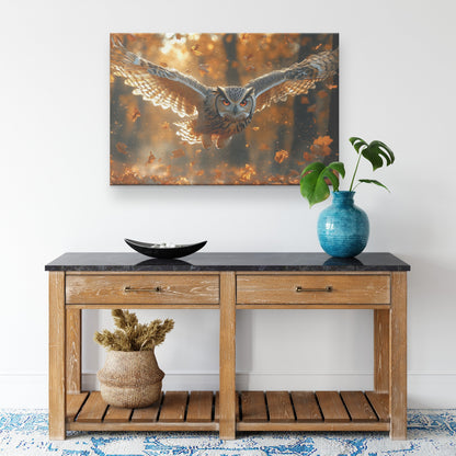 Owl with Luminous Golden Feathers Flying Through Glowing Autumn Forest Warm Sunlight Canvas Wall Art Decor - Awakening Righteousness
