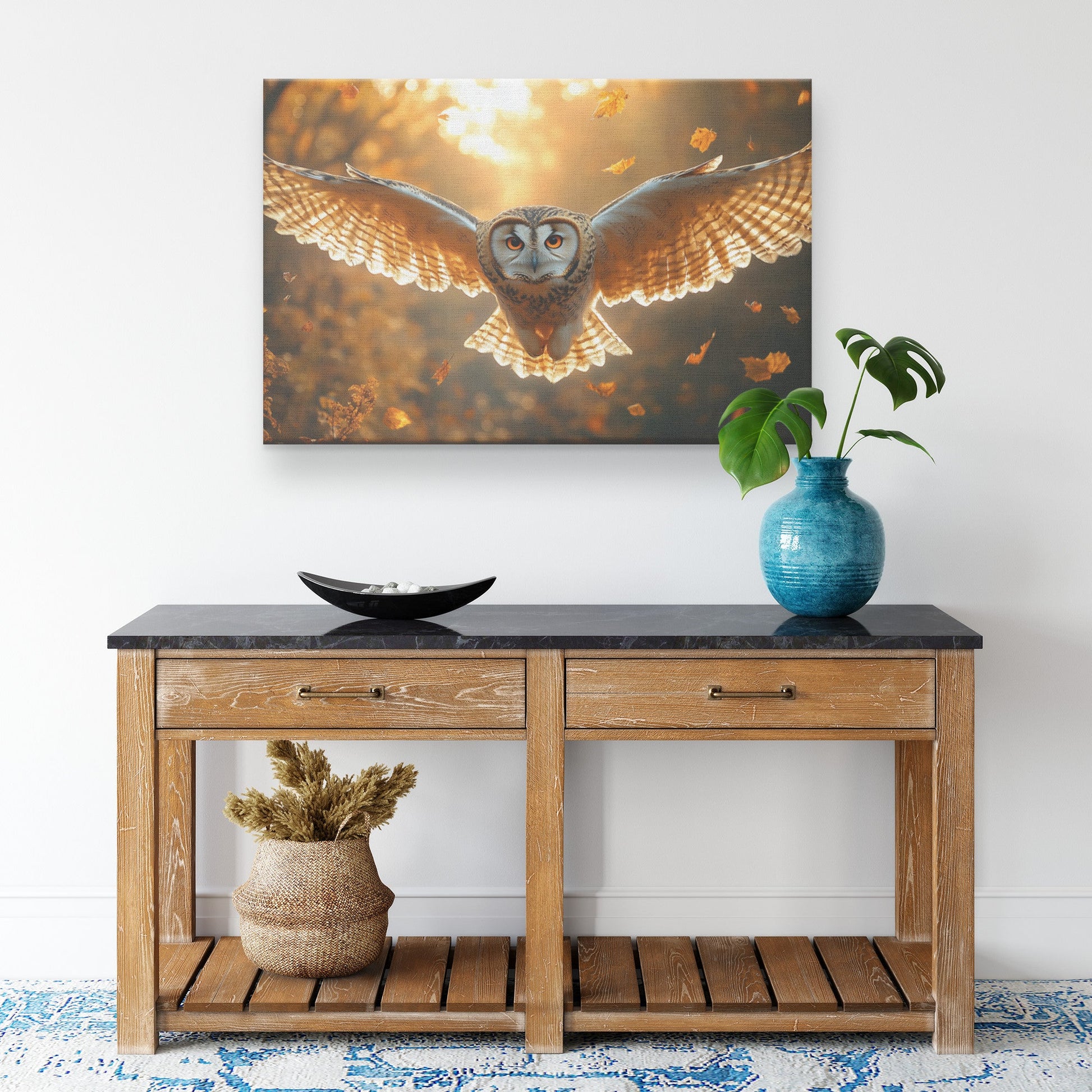 Owl with Luminous Golden Feathers Flying Through Glowing Autumn Forest Warm Sunlight Canvas Wall Art Decor - Awakening Righteousness