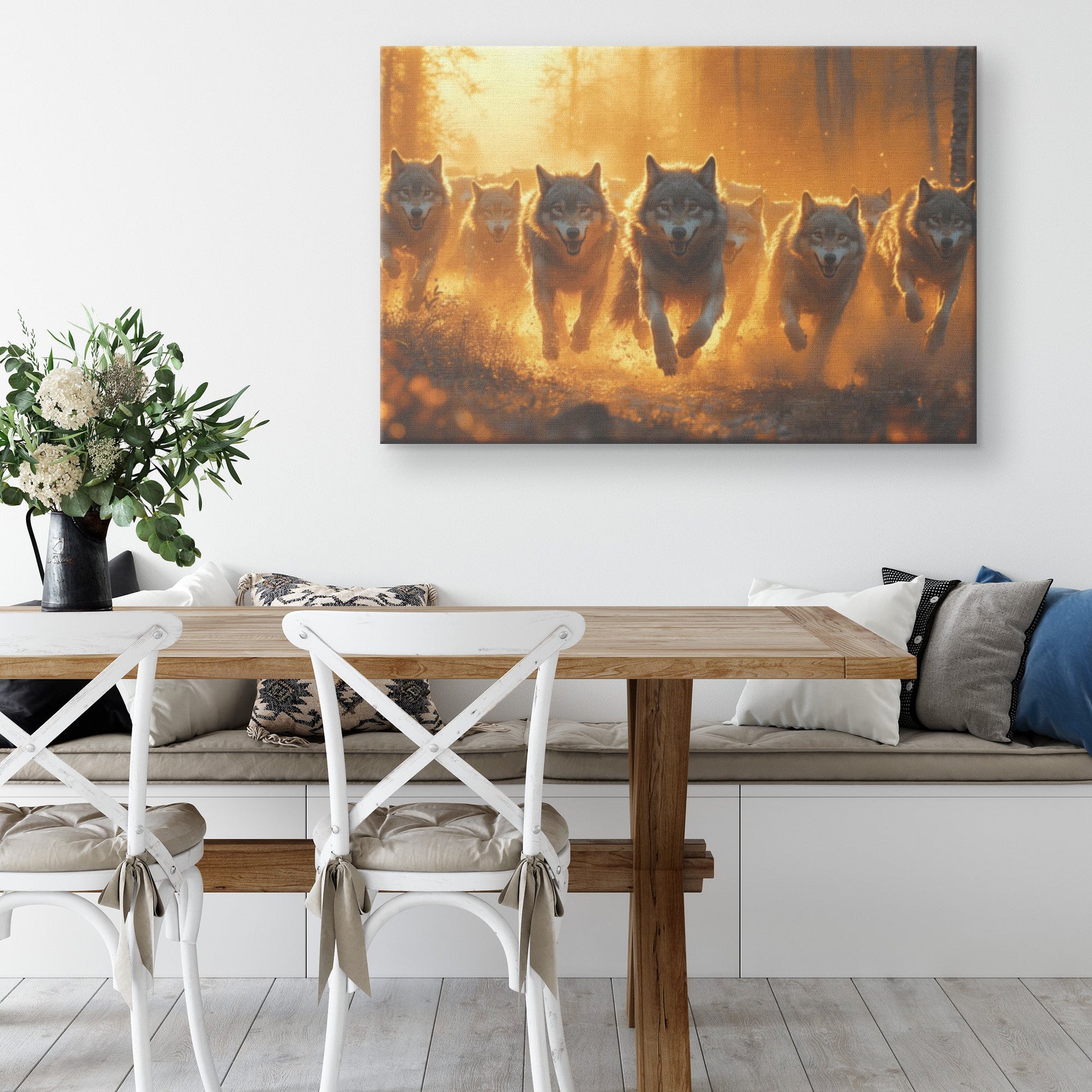 Pack of Wolves Running Through Golden Forest at Sunrise Canvas Wall Art for Rustic Wildlife Inspired Decor - Awakening Righteousness