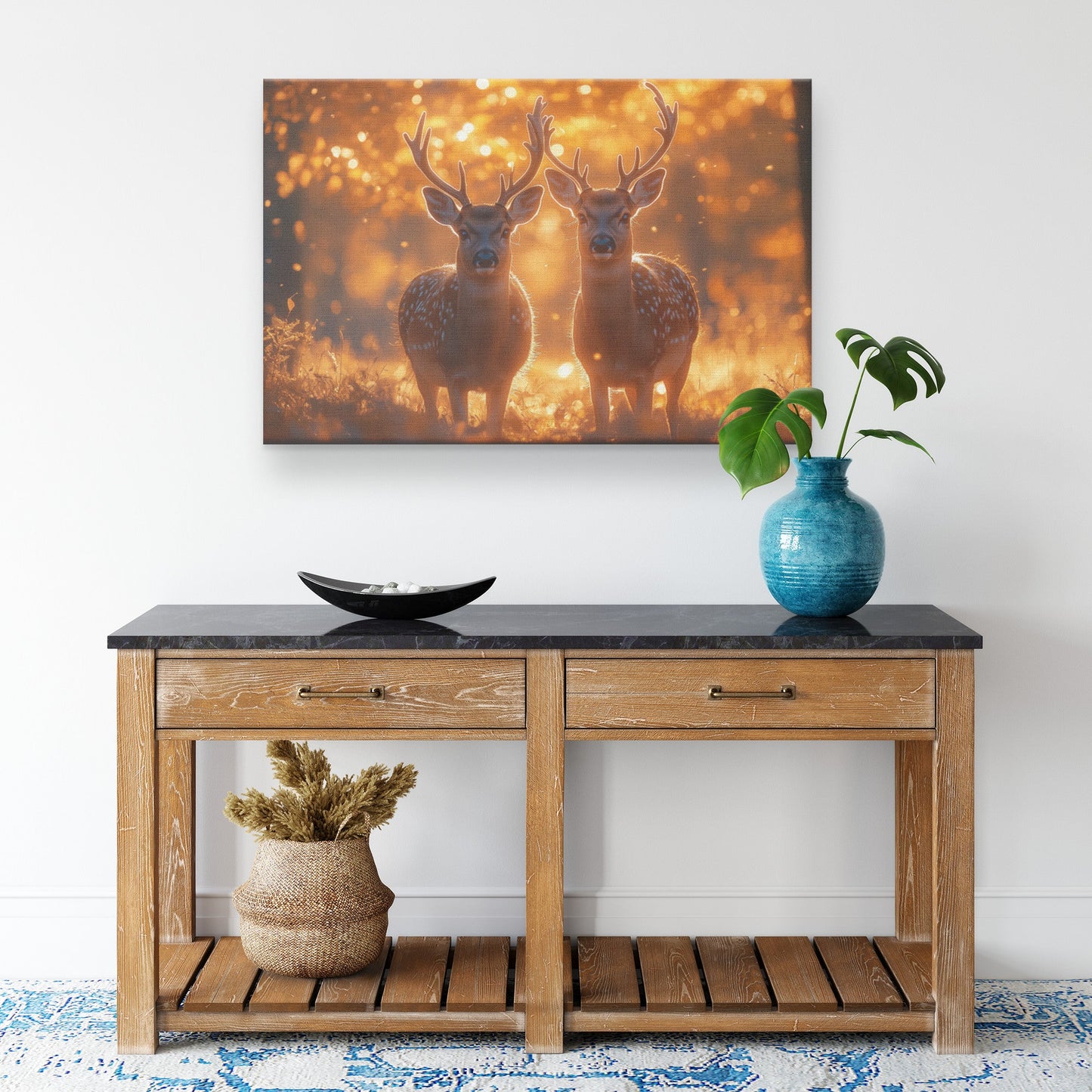 Pair of Deer Canvas Wall Art Decor Walking Gracefully Through Golden Autumn Forest with Glowing Leaves and Soft Sunlight - Awakening Righteousness