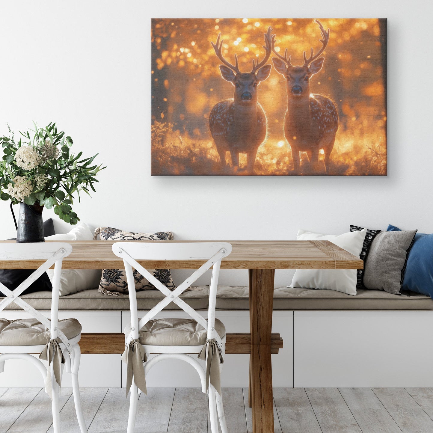 Pair of Deer Canvas Wall Art Decor Walking Gracefully Through Golden Autumn Forest with Glowing Leaves and Soft Sunlight - Awakening Righteousness