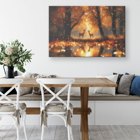 Pair of Deer Gracefully Walking in Golden Autumn Forest Glowing Leaves Soft Sunlight Peaceful Scenic Canvas Wall Art - Awakening Righteousness