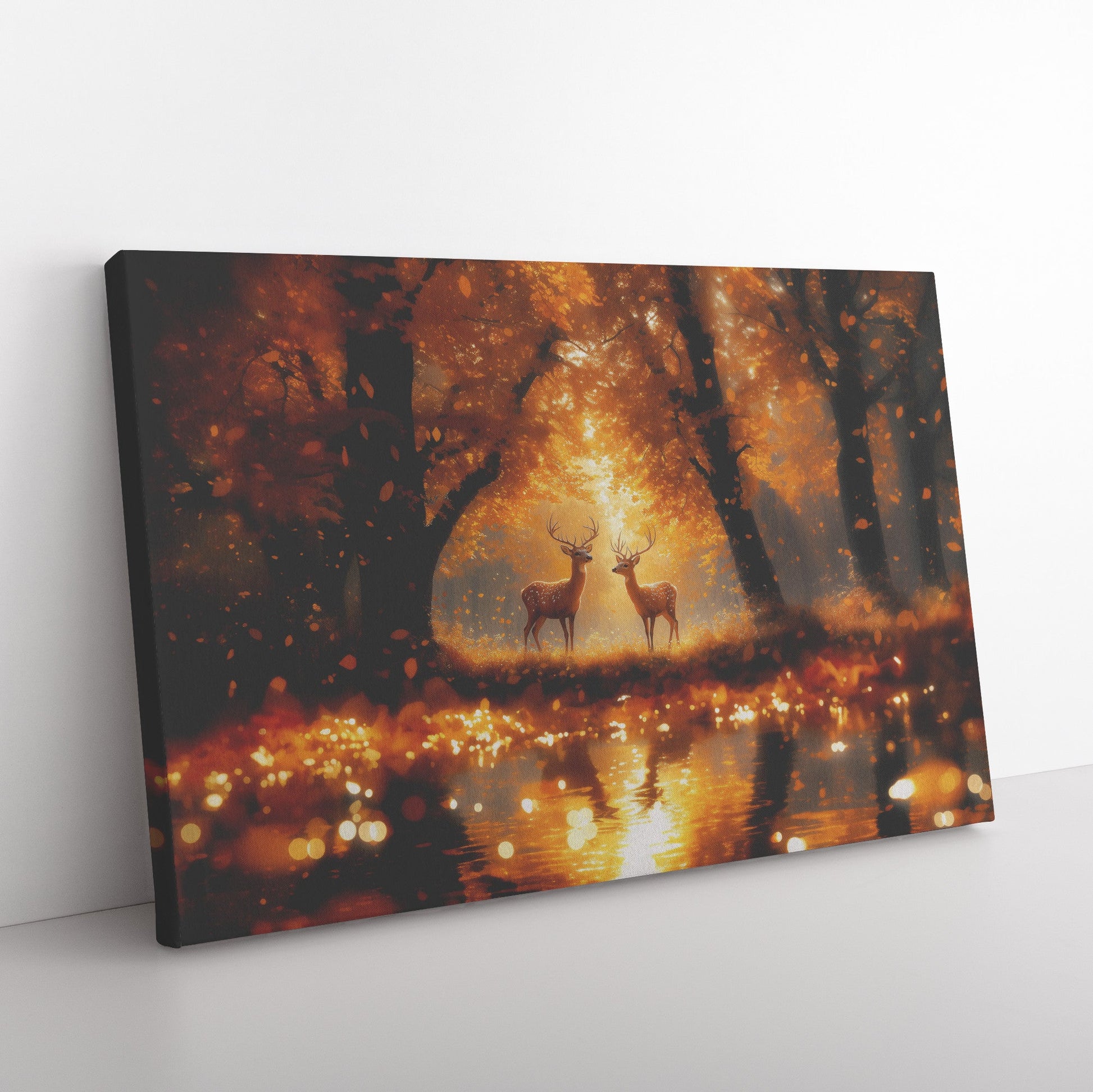 Pair of Deer Gracefully Walking in Golden Autumn Forest Glowing Leaves Soft Sunlight Peaceful Scenic Canvas Wall Art - Awakening Righteousness