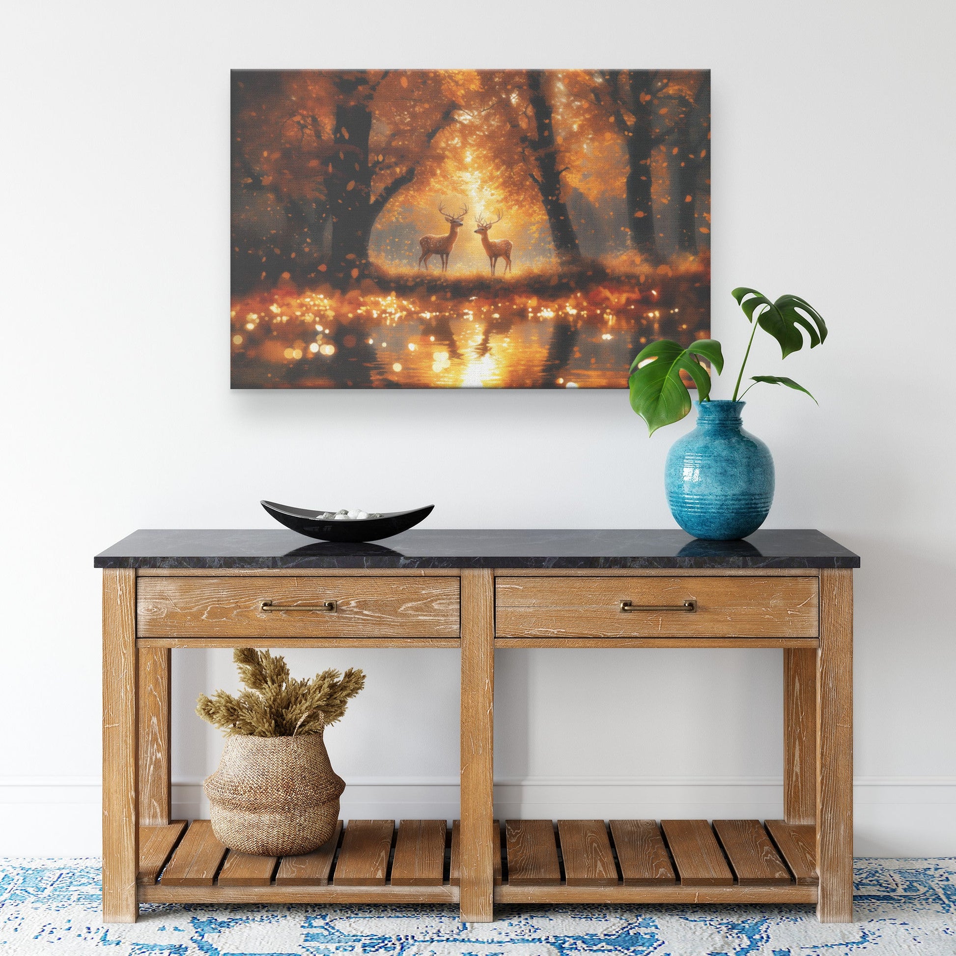 Pair of Deer Gracefully Walking in Golden Autumn Forest Glowing Leaves Soft Sunlight Peaceful Scenic Canvas Wall Art - Awakening Righteousness