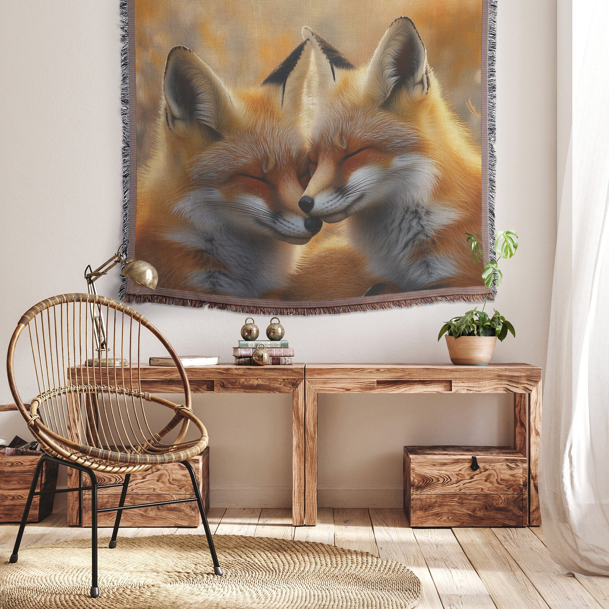 Pair of Foxes Playing in Flower Filled Meadow with Glowing Sunlight Joyful and Peaceful Woven Throw Blanket - Awakening Righteousness