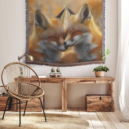 Pair of Foxes Playing in Flower Filled Meadow with Glowing Sunlight Joyful and Peaceful Woven Throw Blanket - Awakening Righteousness