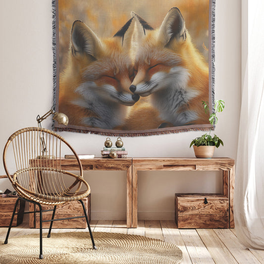 Pair of Foxes Playing in Flower Filled Meadow with Glowing Sunlight Joyful and Peaceful Woven Throw Blanket - Awakening Righteousness