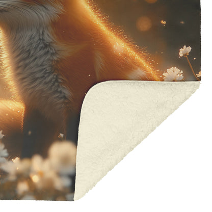 Pair of Foxes Playing in Flower Meadow Glowing Sunlight Joyful Peaceful Fleece Sherpa Blanket - Awakening Righteousness