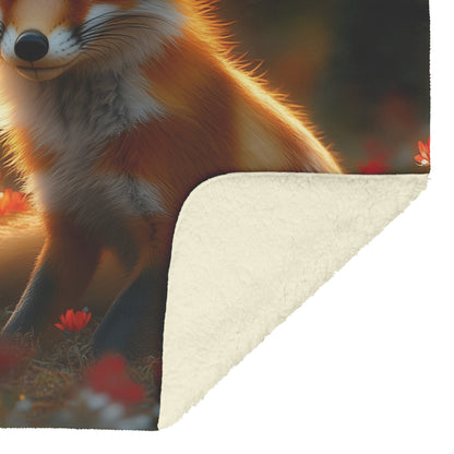 Pair of Foxes Playing in Flower Meadow Glowing Sunlight Joyful Peaceful Fleece Sherpa Blanket - Awakening Righteousness