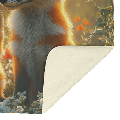 Pair of Foxes Playing in Flower Meadow Glowing Sunlight Joyful Peaceful Fleece Sherpa Blanket - Awakening Righteousness