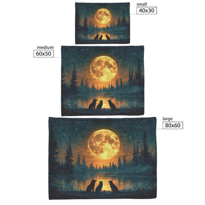 Pair of Wolves Silhouetted Against Massive Glowing Full Moon in Quiet Forest Cozy Sherpa Blanket - Awakening Righteousness