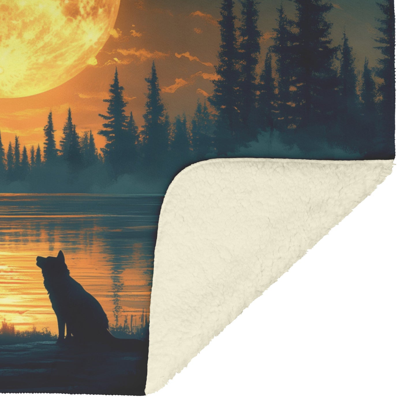 Pair of Wolves Silhouetted Against Massive Glowing Full Moon in Quiet Forest Cozy Sherpa Blanket - Awakening Righteousness