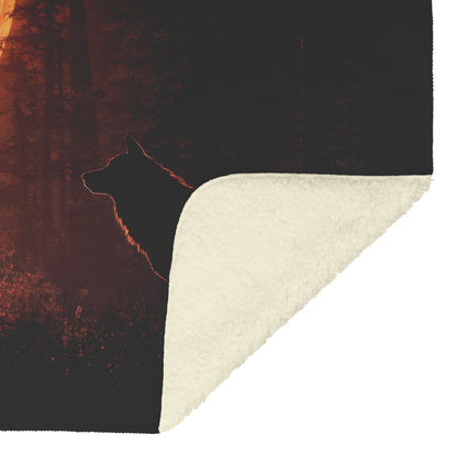 Pair of Wolves Silhouetted Against Massive Glowing Full Moon in Quiet Forest Cozy Sherpa Blanket - Awakening Righteousness