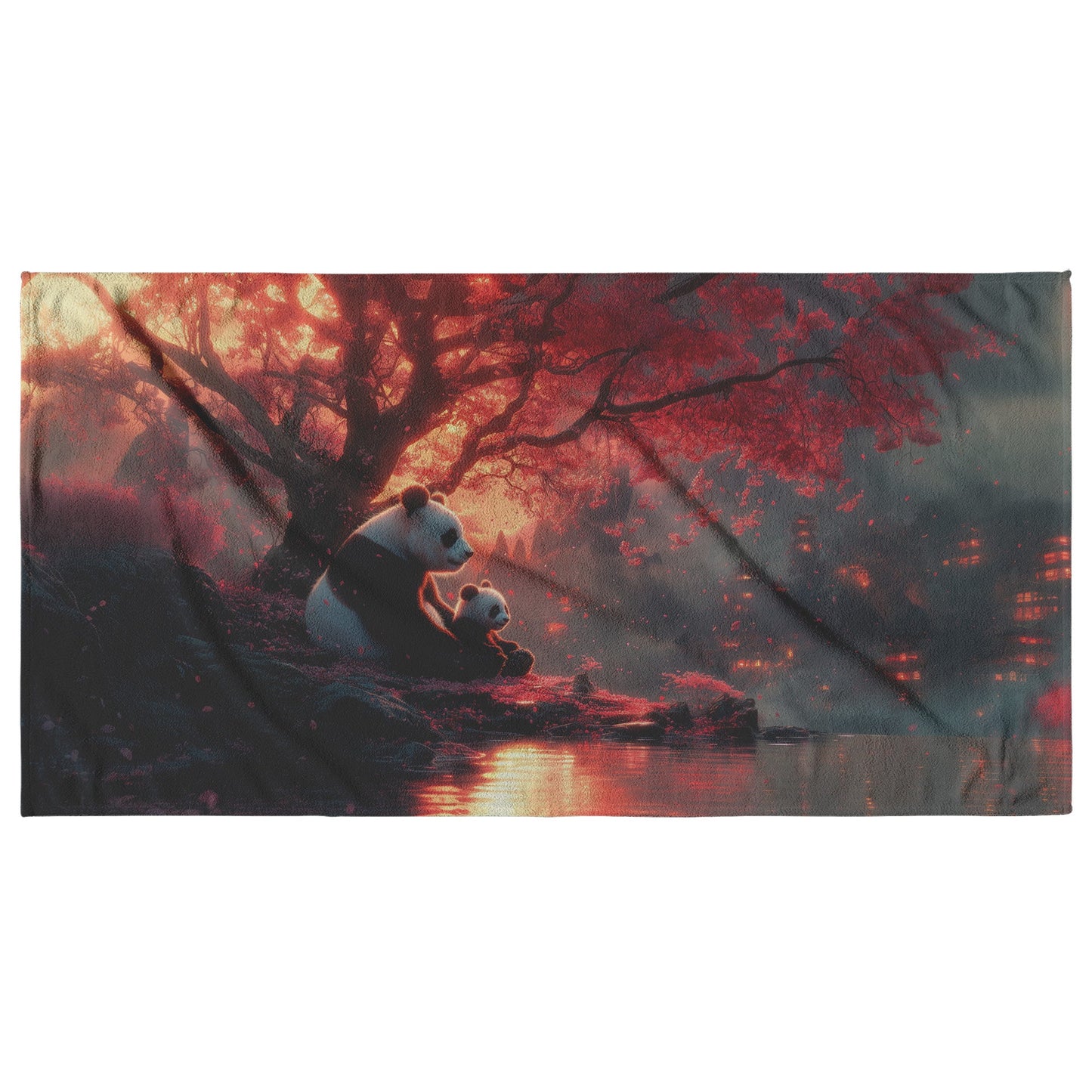 Panda Family Sitting Together Under a Glowing Pink Cherry Blossom Tree Surrounded by Serene Natural Scenery Beach Towel - Awakening Righteousness