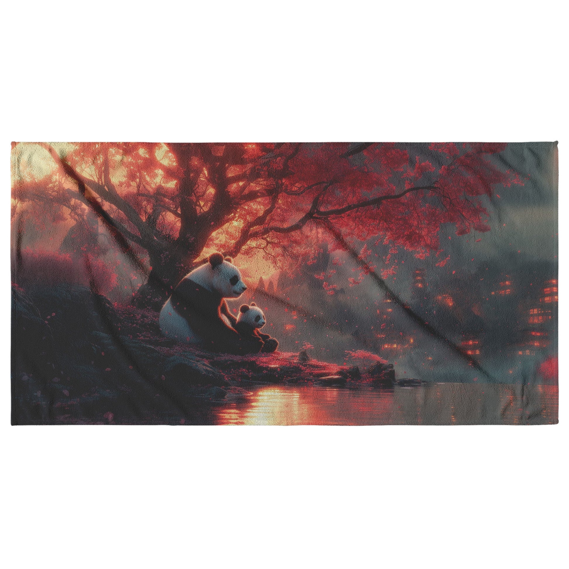 Panda Family Sitting Together Under a Glowing Pink Cherry Blossom Tree Surrounded by Serene Natural Scenery Beach Towel - Awakening Righteousness