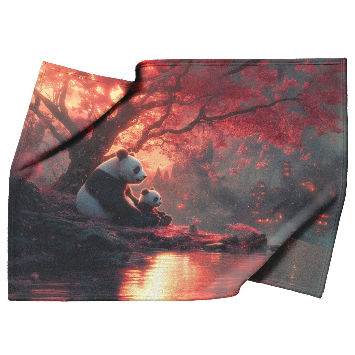 Panda Family Sitting Under Glowing Pink Cherry Blossom Tree Serene Natural Scenery Fleece Sherpa Blanket - Awakening Righteousness