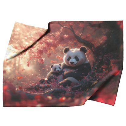 Panda Family Sitting Under Glowing Pink Cherry Blossom Tree Serene Natural Scenery Fleece Sherpa Blanket - Awakening Righteousness