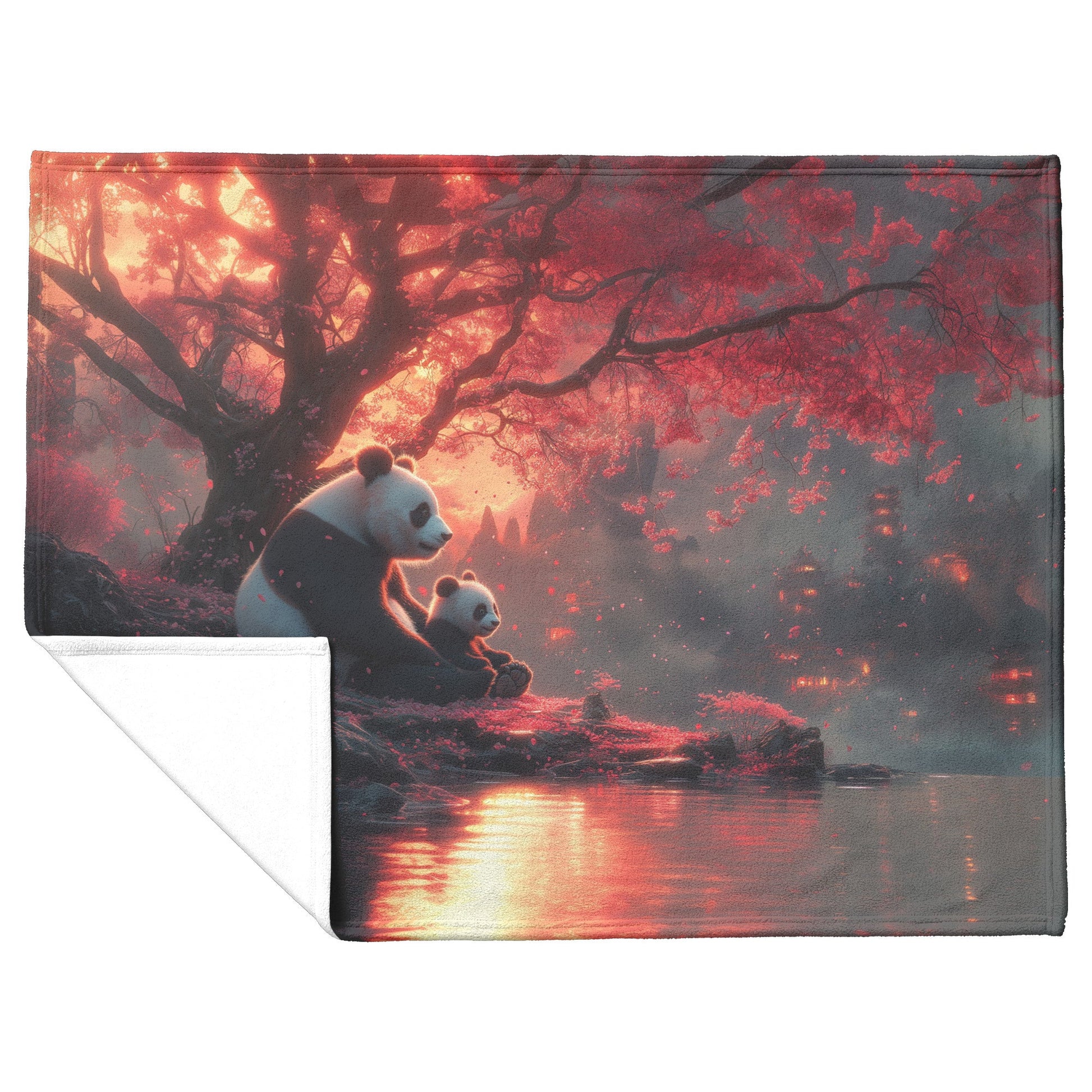 Panda Family Sitting Under Glowing Pink Cherry Blossom Tree Serene Natural Scenery Fleece Sherpa Blanket - Awakening Righteousness