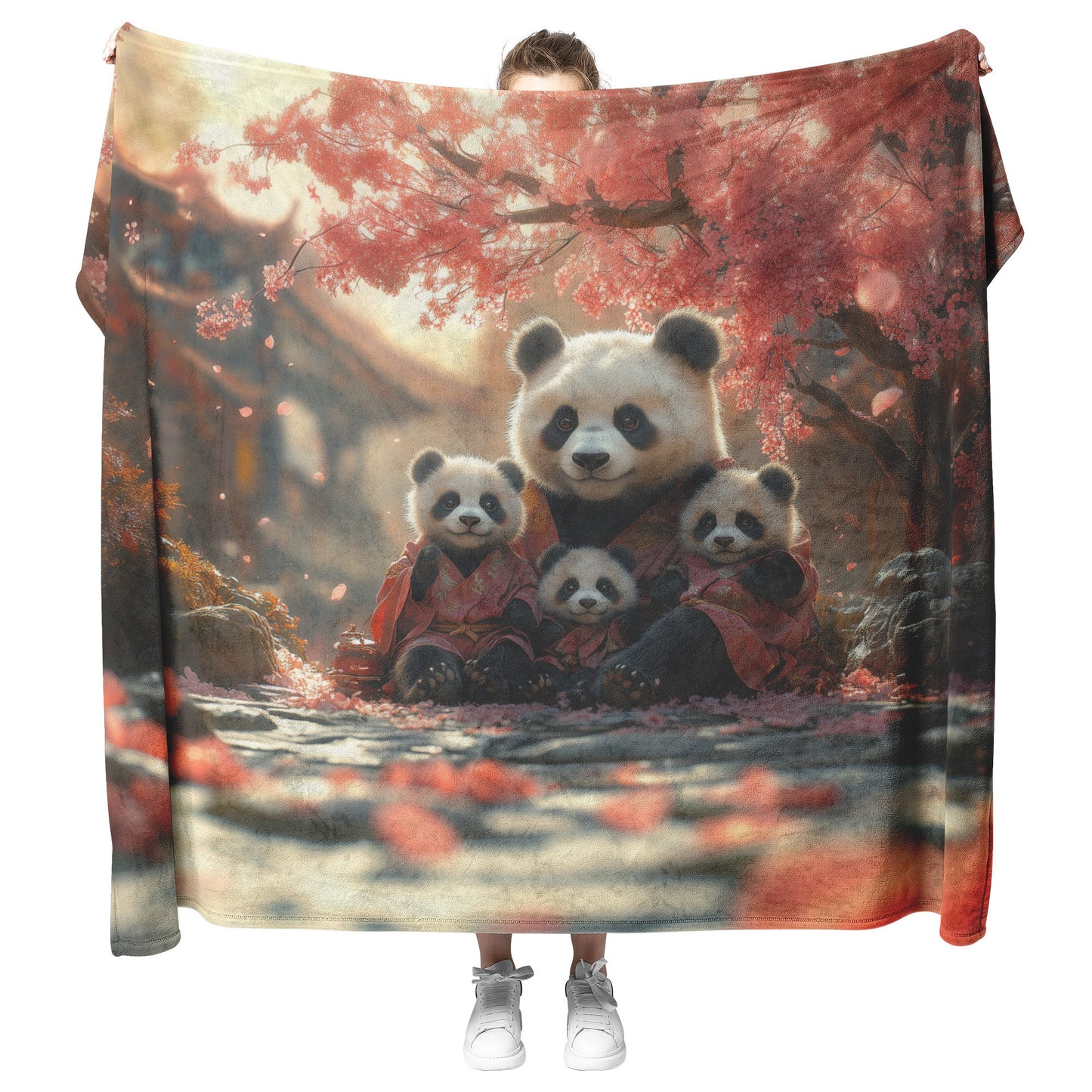 Panda Family Sitting Under Glowing Pink Cherry Blossom Tree Serene Natural Scenery Fleece Sherpa Blanket - Awakening Righteousness