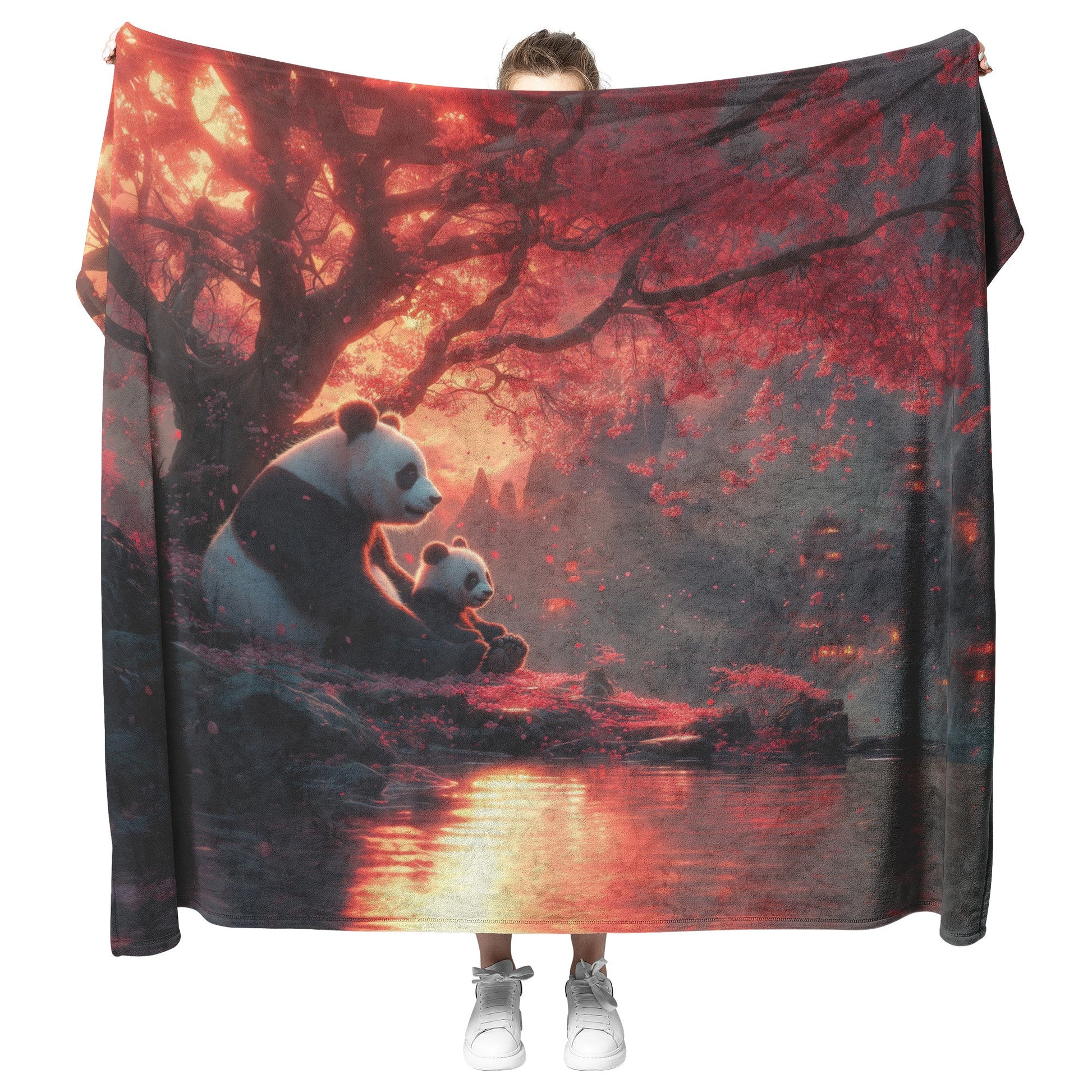 Panda Family Sitting Under Glowing Pink Cherry Blossom Tree Serene Natural Scenery Fleece Sherpa Blanket - Awakening Righteousness