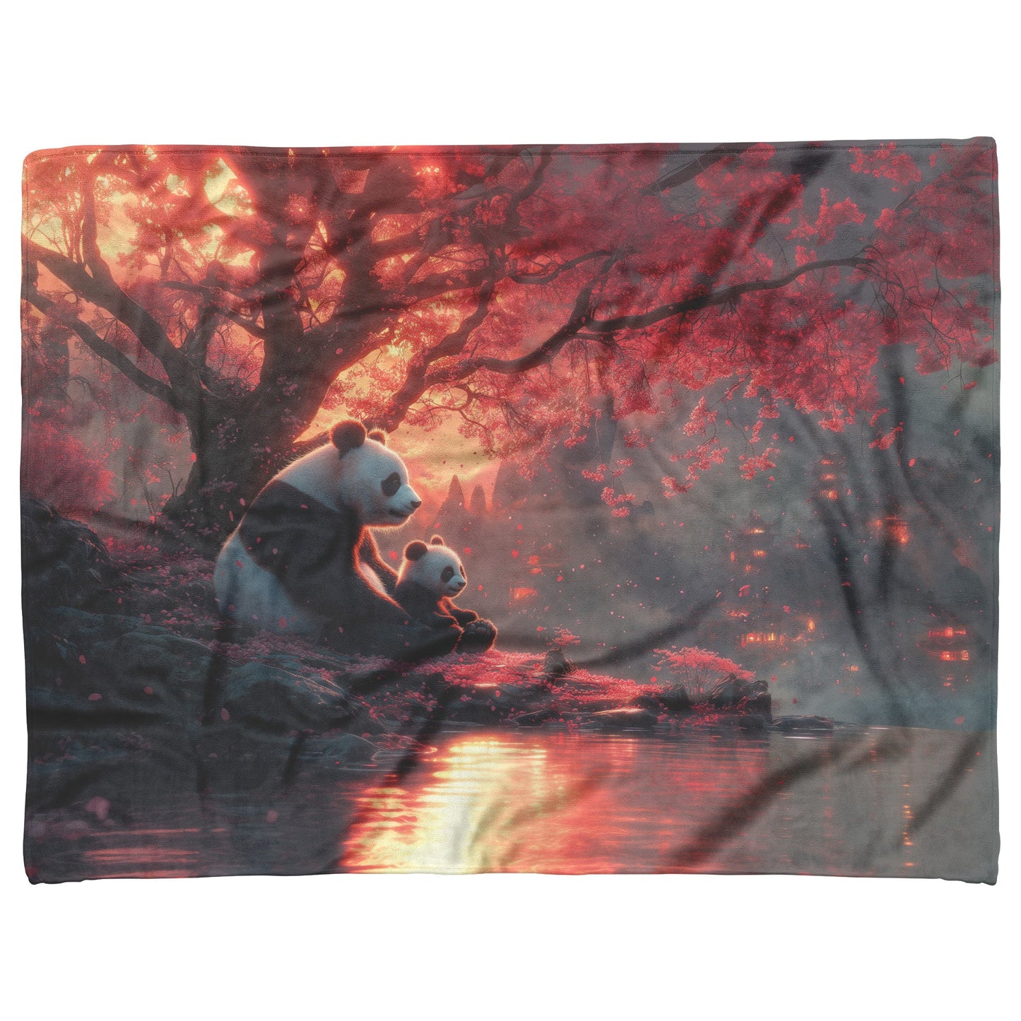 Panda Family Sitting Under Glowing Pink Cherry Blossom Tree Serene Natural Scenery Fleece Sherpa Blanket - Awakening Righteousness