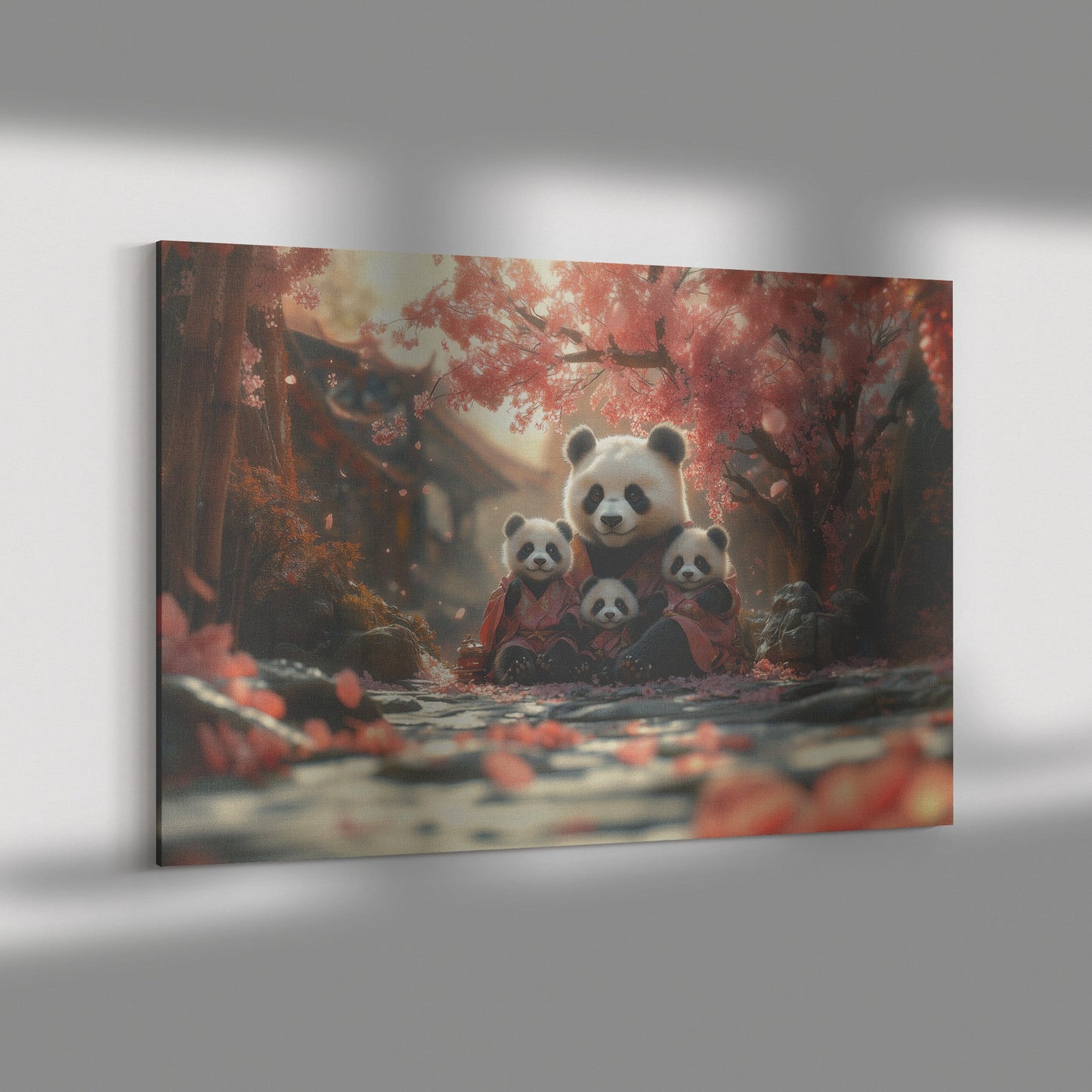Panda Family Sitting Under Glowing Pink Cherry Blossom Tree Surrounded by Serene Natural Scenery Canvas Wall Art Decor - Awakening Righteousness