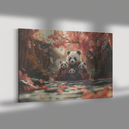 Panda Family Sitting Under Glowing Pink Cherry Blossom Tree Surrounded by Serene Natural Scenery Canvas Wall Art Decor - Awakening Righteousness