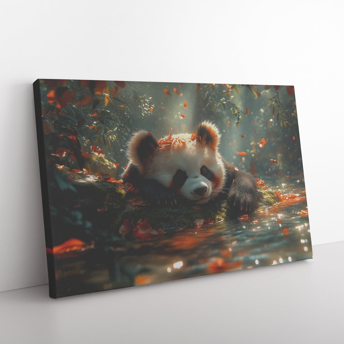 Panda Resting Peacefully on Mossy Rock Beside Glowing Crystal Clear Stream with Sunlight Filtering Through Leaves - Awakening Righteousness
